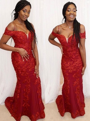 Red Off-the-Shoulder Applique Prom Dresses Mermaid Sleeveless Sexy Evening Dresses_2