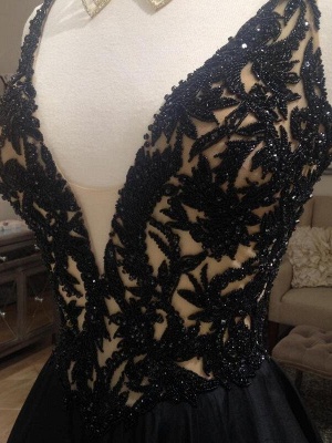 Black Lace V-Neck Sleeveless Prom Dresses Open Back Sexy Evening Dresses with Beads_5