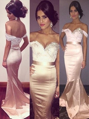 Chic Off-the-Shoulder Crystal Prom Dresses Lace Mermaid Sleeveless Sexy Evening Dresses with Belt_2