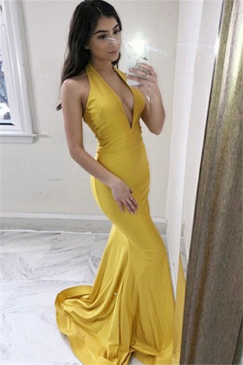 Charming Yellow Sleeveless Prom Dresses Mermaid Cheap Popular Sexy Evening Dresses_1