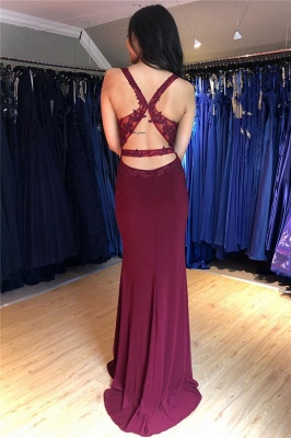 Burgundy Applique Sleeveless Open Back Prom Dresses Mermaid Side Slit Sexy Evening Dresses with Beads Dresses_2