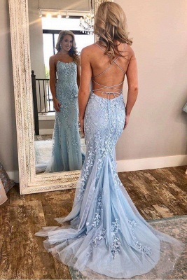 Sheer Applique Spaghetti-Strap Prom Dresses  Mermaid Sleeveless Sexy Evening Dresses_3