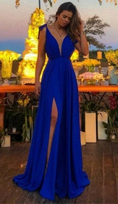 Chic Royal Blue Prom Dresses Cheap Spaghetti Strap Side-Slit Sleeveless Sexy Evening Dresses_1