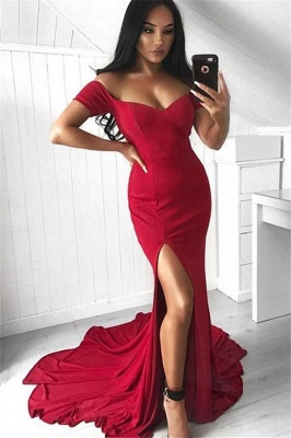 Red Off-the-Shoulder Prom Dresses Mermaid Sleeveless Side Slit Sexy Evening Dresses_1