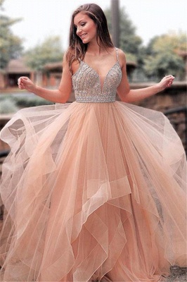 Romactic Pink Spaghetti Strap Crystal Prom Dresses Sleeveless Tulle Sexy Evening Dresses Cheap_1