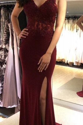 Burgundy Applique Sleeveless Open Back Prom Dresses Mermaid Side Slit Sexy Evening Dresses with Beads Dresses_3