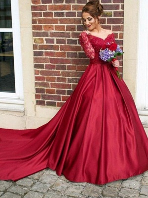 Red Lace Off-the-Shoulder Prom Dresses Long Sleeves Sexy Evening Dresses Train Ball Gown_3