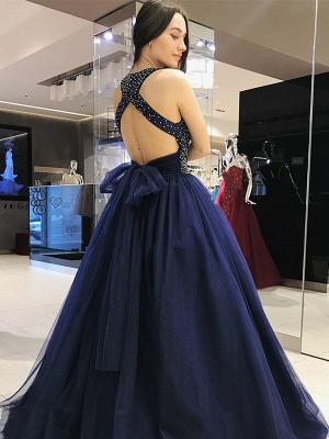 Chic Halter Crystal Bow-knot Open Back Prom Dresses Ball Gown Sleeveless Sexy Evening Dresses_3
