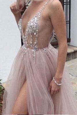 Pink V-Neck Applique Crystal Prom Dresses Sheer Side slit Backless Sleeveless Sexy Evening Dresses_3