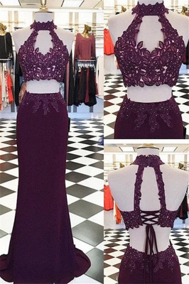 Halter Appliques Beads Lace-Up Prom Dresses High Neck Sleeveless Sexy Evening Dresses_1