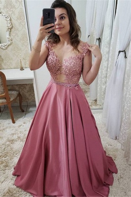 Romactic Pink Off-the-Shoulder Applique Prom Dresses Sleeveless Sexy Evening Dresses with Crystal_1