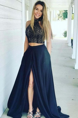 Two Piece Applique Halter Prom Dresses Side slit Sleeveless Sexy Evening Dresses with Beads_1