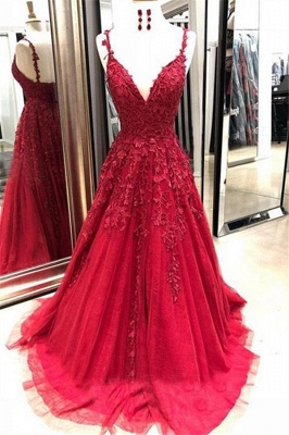 Gorgeous Spaghetti Strap Applique Prom Dresses Red Tulle Cheap Sleeveless Sexy Evening Dresses_1