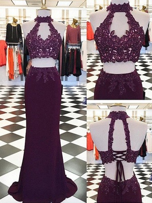 Halter Appliques Beads Lace-Up Prom Dresses High Neck Sleeveless Sexy Evening Dresses_2