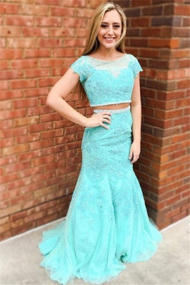 Chic Jewel Applique Two Piece Prom Dresses Mermaid Sleeveless Sexy Evening Dresses_1