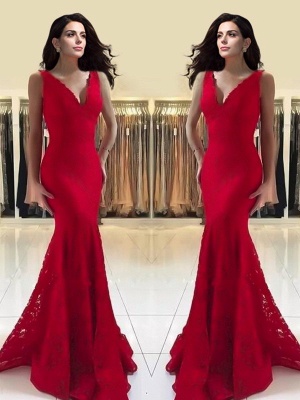 Gorgeous Red Spaghetti Strap Prom Dresses Lace Sleeveless Mermaid Sexy Evening Dresses_2