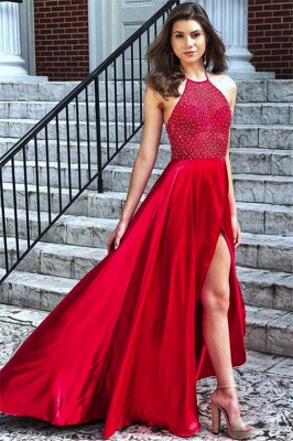 Chic Red Halter Sleeveless Prom Dresses Side Slit Sexy Evening Dresses with Beads_1