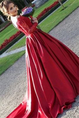 Red Lace Off-the-Shoulder Prom Dresses Long Sleeves Sexy Evening Dresses Train Ball Gown_2