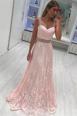 Pink Lace Straps Crystal Prom Dresses Sleeveless Sexy Evening Dresses with Belt_1
