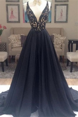 Black Lace V-Neck Sleeveless Prom Dresses Open Back Sexy Evening Dresses with Beads_1