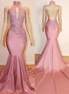 Pink High Neck Lace Mermaid Prom Dresses | Beaded Backless Long Evening Gown_1