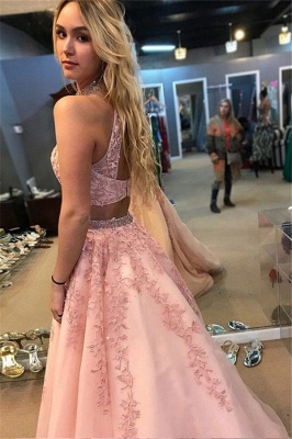 Chic Applique Halter Two Piece Prom Dresses Open Back Sleeveless Sexy Evening Dresses with Beads_2