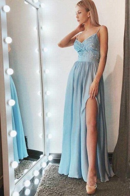 Applique Crystal Spaghetti-Strap Prom Dresses Side slit Sleeveless Sexy Evening Dresses_2