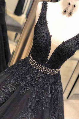 Black Applique Crystal Prom Dresses Straps Cheap Sleeveless Sexy Evening Dresses_2