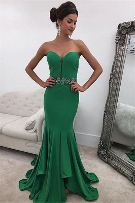 Green Sweetheart Crystal  Prom Dresses Ruffles Mermaid Sleeveless Sexy Evening Dresses_1