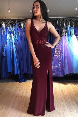 Burgundy Applique Sleeveless Open Back Prom Dresses Mermaid Side Slit Sexy Evening Dresses with Beads Dresses_1