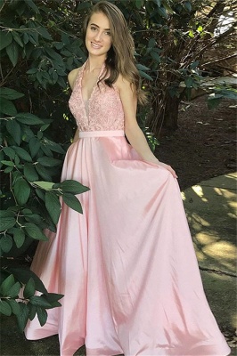 Chic Pink Lace Halter Prom Dresses Sleeveless Cheap  Sexy Evening Dresses with Belt_1