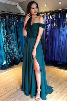 Chic Off-the-Shoulder Applique Prom Dresses Side Slit Sleeveless Sexy Evening Dresses with Beads_3