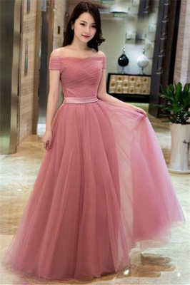 Romactic Pink Off-the-Shoulder Ruffles Prom Dresses Tulle Sleeveless Sexy Evening Dresses with Belt_1