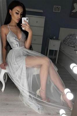 Glamorous Sequins Halter Applique Prom Dresses Side slit Sheer Sleeveless Sexy Evening Dresses_1