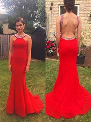 Beads Open Back Red Prom Dresses Halter Simple Mermaid Sexy Evening Dresses Cheap_3