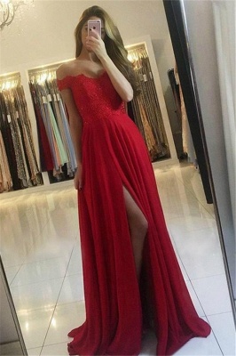Off-the-Shoulder Applique Prom Dresses Side Slit Sleeveless Sexy Evening Dresses with Beads_1