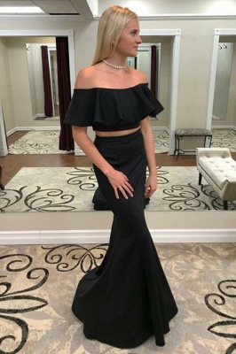 Gorgeous Two Piece Off-the-Shoulder Prom Dresses Falbala Mermaid Sleeveless Sexy Evening Dresses_1