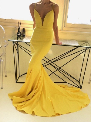 Charming yellow Spaghetti Strap Prom Dresses Sleeveless Mermaid Open Back Sexy Evening Dresses_2