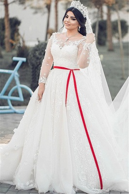 White Long-Sleeves A-Line Tulle Lace Long Wedding Dresses_3