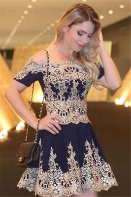 Short-Sleeves Latest Cheap Lace Navy Off-The-Shoulder Appliques Homecoming Dress_2