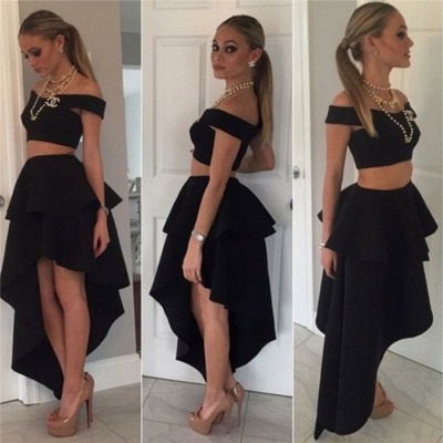 Black Off-the-shoulder Two-Piece Tiered Cheap Irregular Homecoming Dresses_3