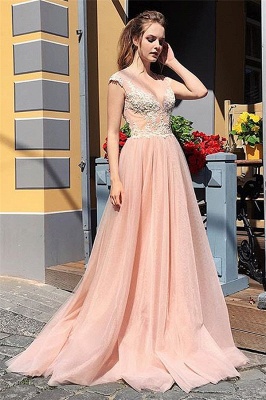 Simple Sleeveless V-neck A-line Beaded Tulle Prom Dresses | Long Evening Dresses_1