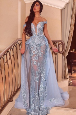 Off the Shoulder Sweetheart Sheer Form-fitting Prom Dresses with Detachable Train_1