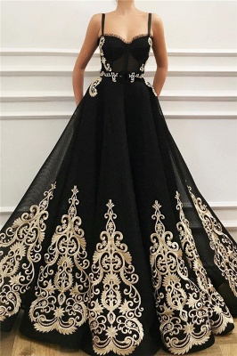 Gorgeous Black Sweetheart Spaghetti Straps Appliques Lace Floor-length A-Line Prom Dress_1