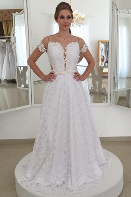 Pearls Short-Sleeve Long A-line White Elegant Lace Bow Wedding Dress_2
