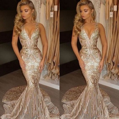 V-neck Mermaid Sleeveless Champagne Sexy Sequins Deep Gold Evening Gown_3