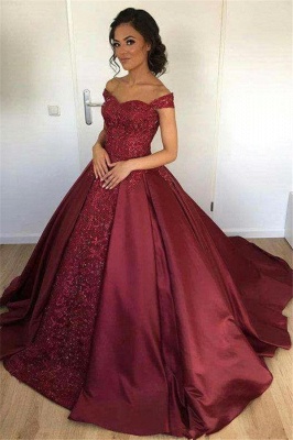 Appliques Ball-Gown Lace Burgundy Off-the-Shoulder Evening Dress_2