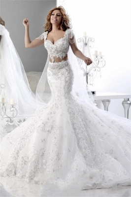 White Lace Sweetheart Mermaid Wedding Dresses with Short Sleeves_1