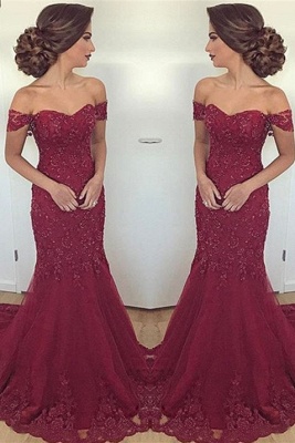 Long Lace Glamorous Appliques Off-the-Shoulder Mermaid Burgundy Evening Dress_2