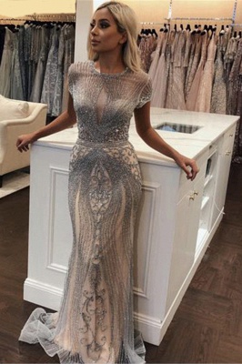 Luxury Beaded Jewel Cap Sleeves Fit and Flare Prom Dresses_7